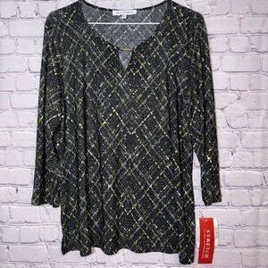 Women's Petite Lg Sparkly Geometric Plaid 3/4 Sleeve Notch Neckline Top